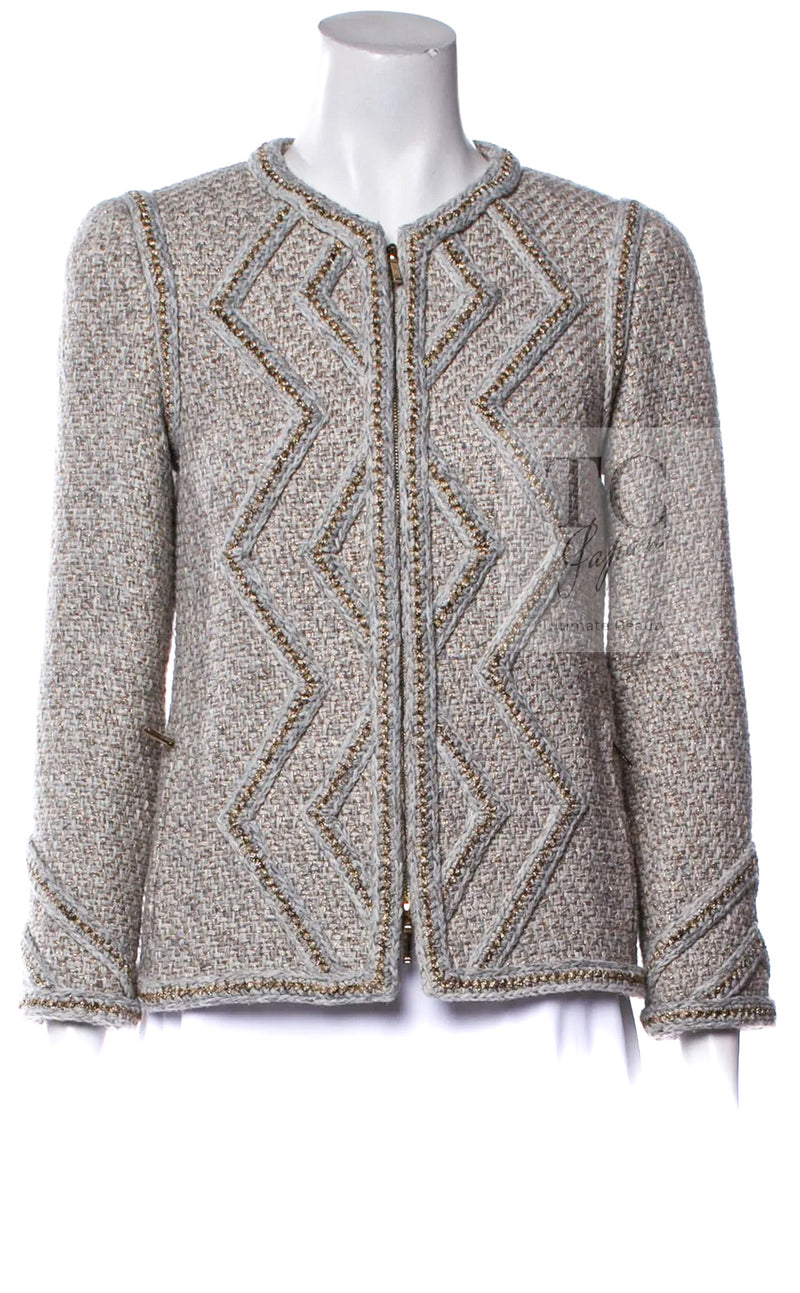 CHANEL 16A Gray Gold Trim Tweed Jacket Skirt Suit 36 38 シャネル グレー ゴールド トリム ツイード ジャケット スカート スーツ 即発