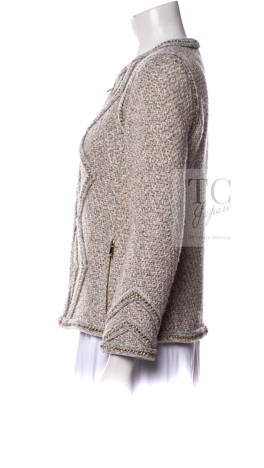 CHANEL 16A Gray Gold Trim Tweed Jacket Skirt Suit 36 38 シャネル グレー ゴールド トリム ツイード ジャケット スカート スーツ 即発