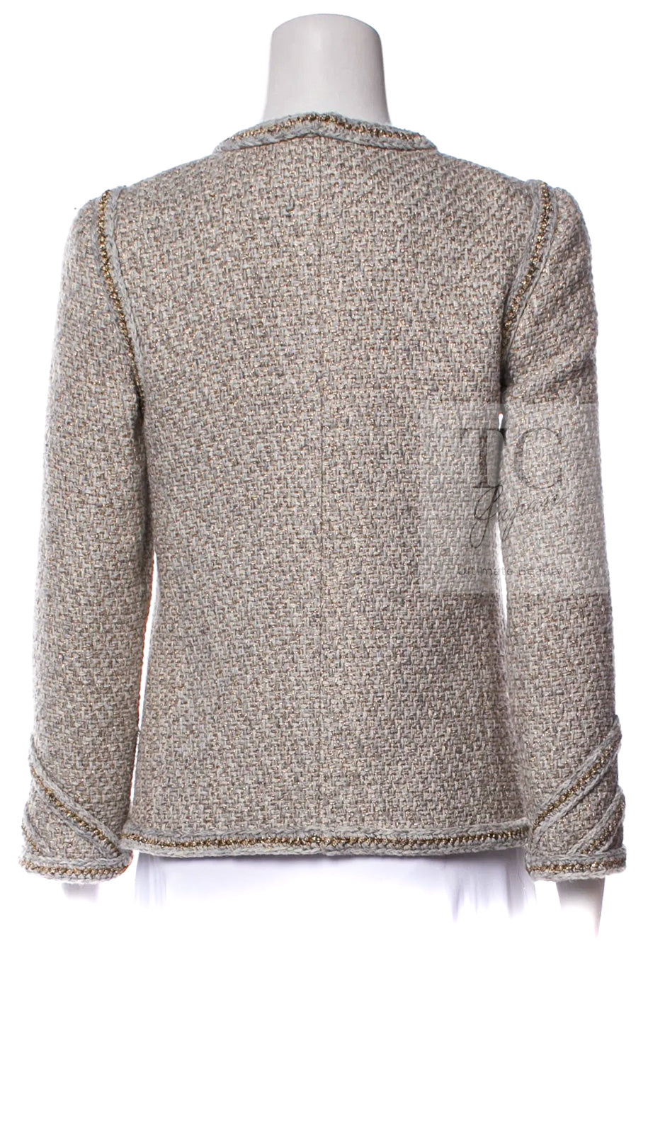 CHANEL 16A Gray Gold Trim Tweed Jacket Skirt Suit 36 38 シャネル グレー ゴールド トリム ツイード ジャケット スカート スーツ 即発