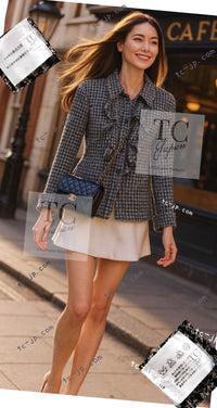 CHANEL 09S Black White Silk Wool Cardigan Jacket 38 シャネル ブラック ホワイト シルク ウール カーディガン ジャケット 即発