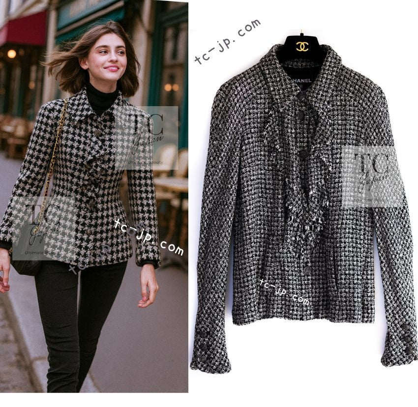 CHANEL 09S Black White Silk Wool Cardigan Jacket 38 シャネル ブラック ホワイト シルク ウール カーディガン ジャケット 即発