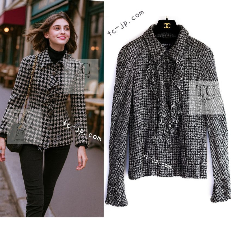 CHANEL 09S Black White Silk Wool Cardigan Jacket 38 シャネル ブラック ホワイト シルク ウール カーディガン ジャケット 即発