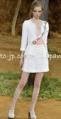 CHANEL 10C Ivory Creme Braid Trim Belt Tweed Jacket 42 シャネル アイボリー クリーム ブレイド トリム ベルト ツイード ジャケット 即発