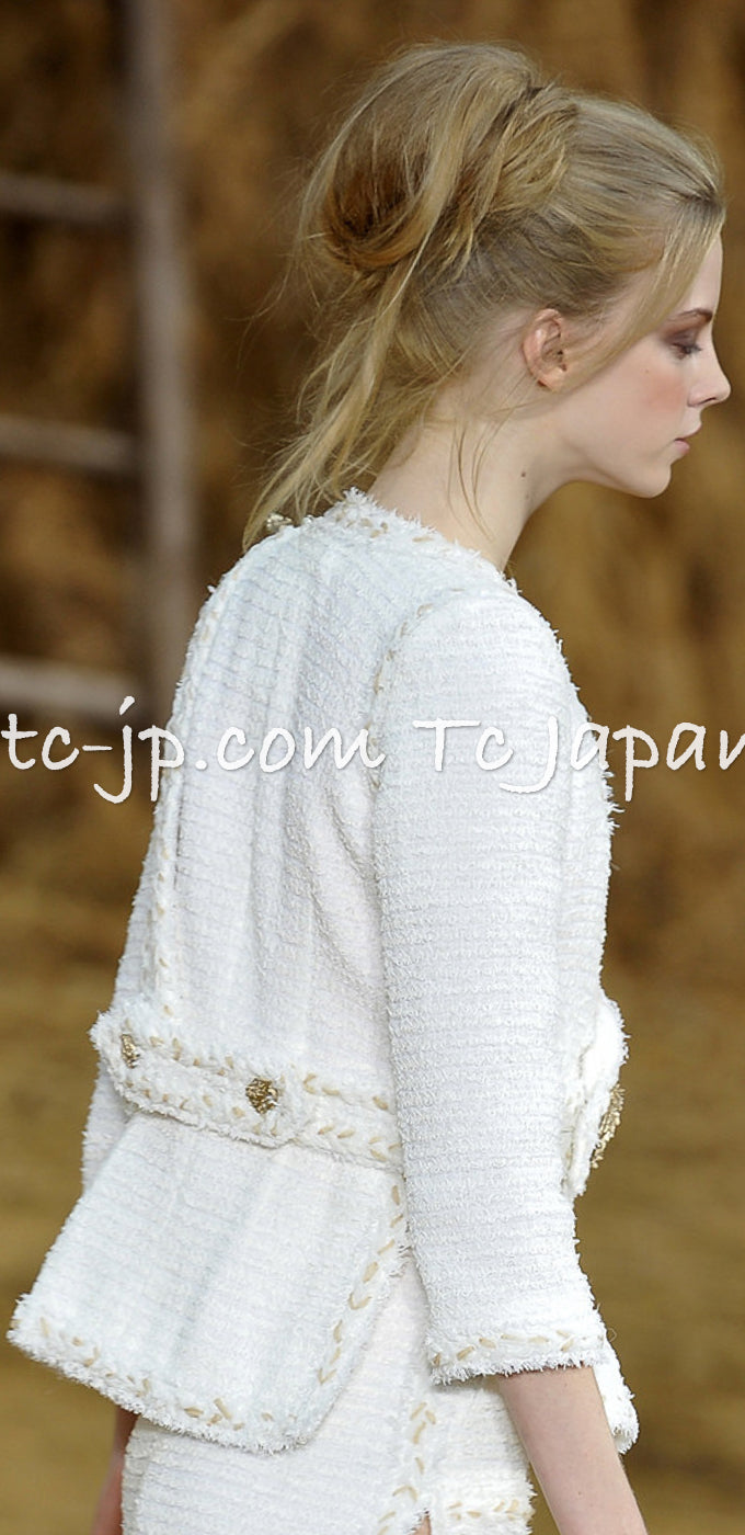 CHANEL 10C Ivory Creme Braid Trim Belt Tweed Jacket 42 シャネル アイボリー クリーム ブレイド トリム ベルト ツイード ジャケット 即発