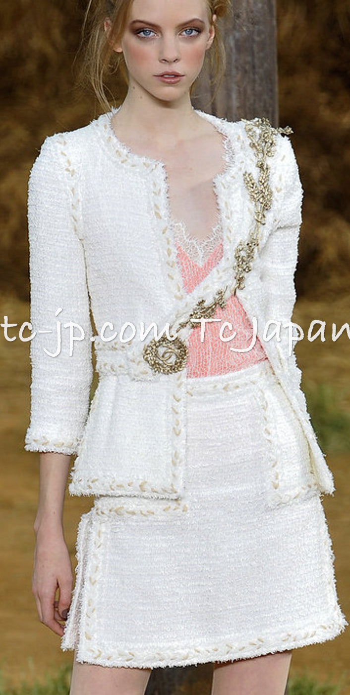 CHANEL 10C Ivory Creme Braid Trim Belt Tweed Jacket 42 シャネル アイボリー クリーム ブレイド トリム ベルト ツイード ジャケット 即発
