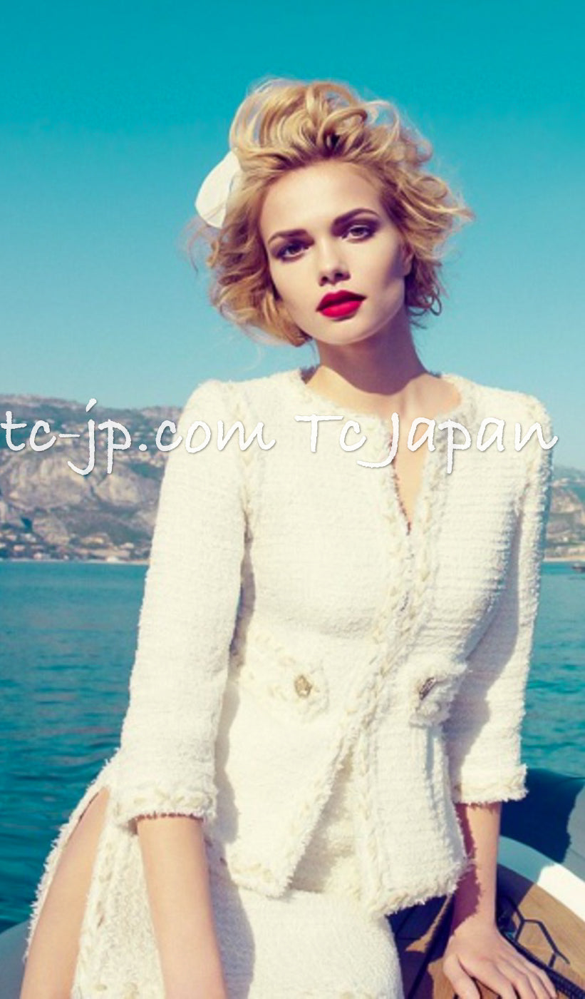 CHANEL 10C Ivory Creme Braid Trim Belt Tweed Jacket 42 シャネル アイボリー クリーム ブレイド トリム ベルト ツイード ジャケット 即発