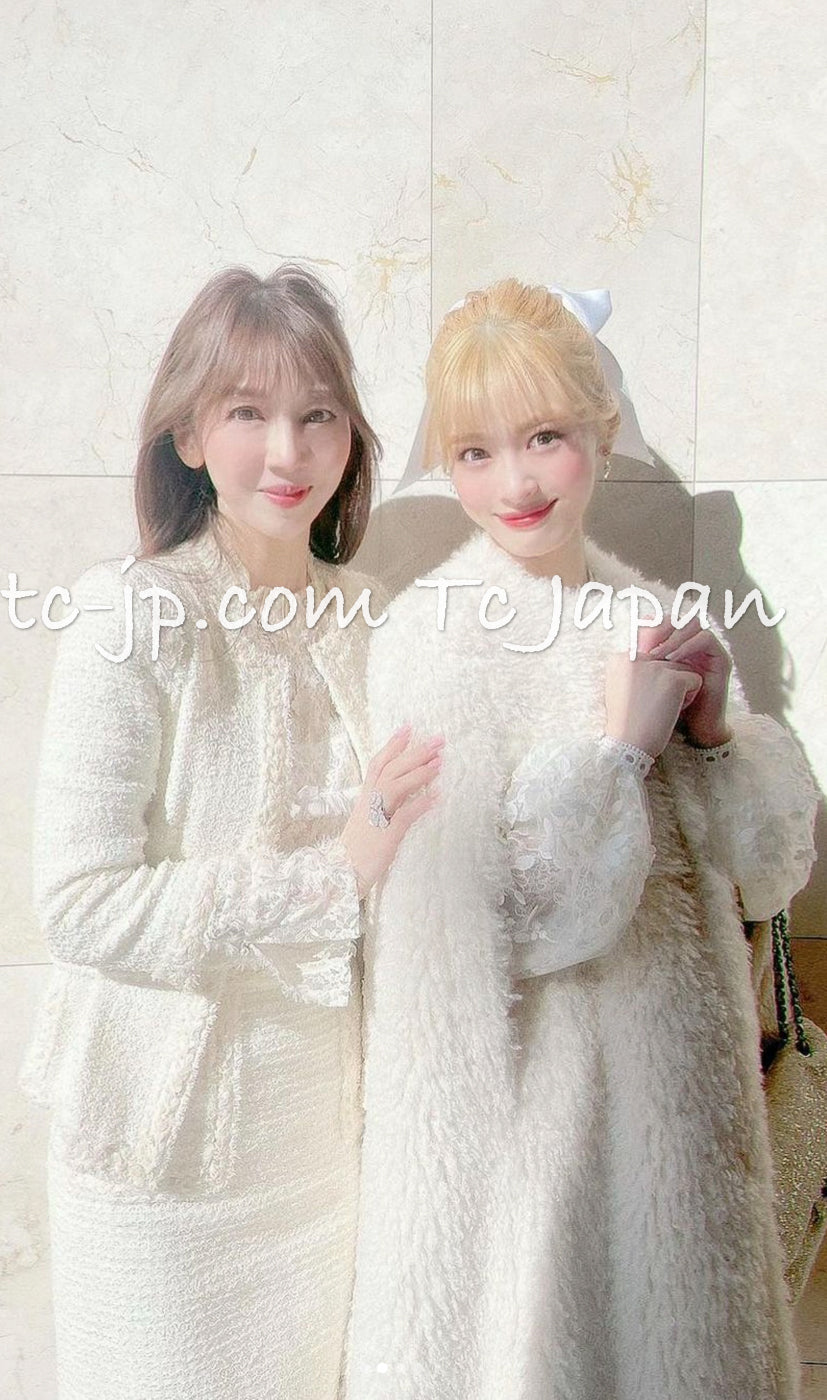 CHANEL 10C Ivory Creme Braid Trim Belt Tweed Jacket 42 シャネル アイボリー クリーム ブレイド トリム ベルト ツイード ジャケット 即発