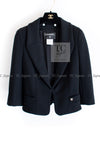 CHANEL 07A Black Detachable Ivory Collar 2 Way Wool Stretch Jacket 34 シャネル 女優 ブラック アイボリー取外可 襟 2 Way ウール ストレッチ リボン ジャケット 即発