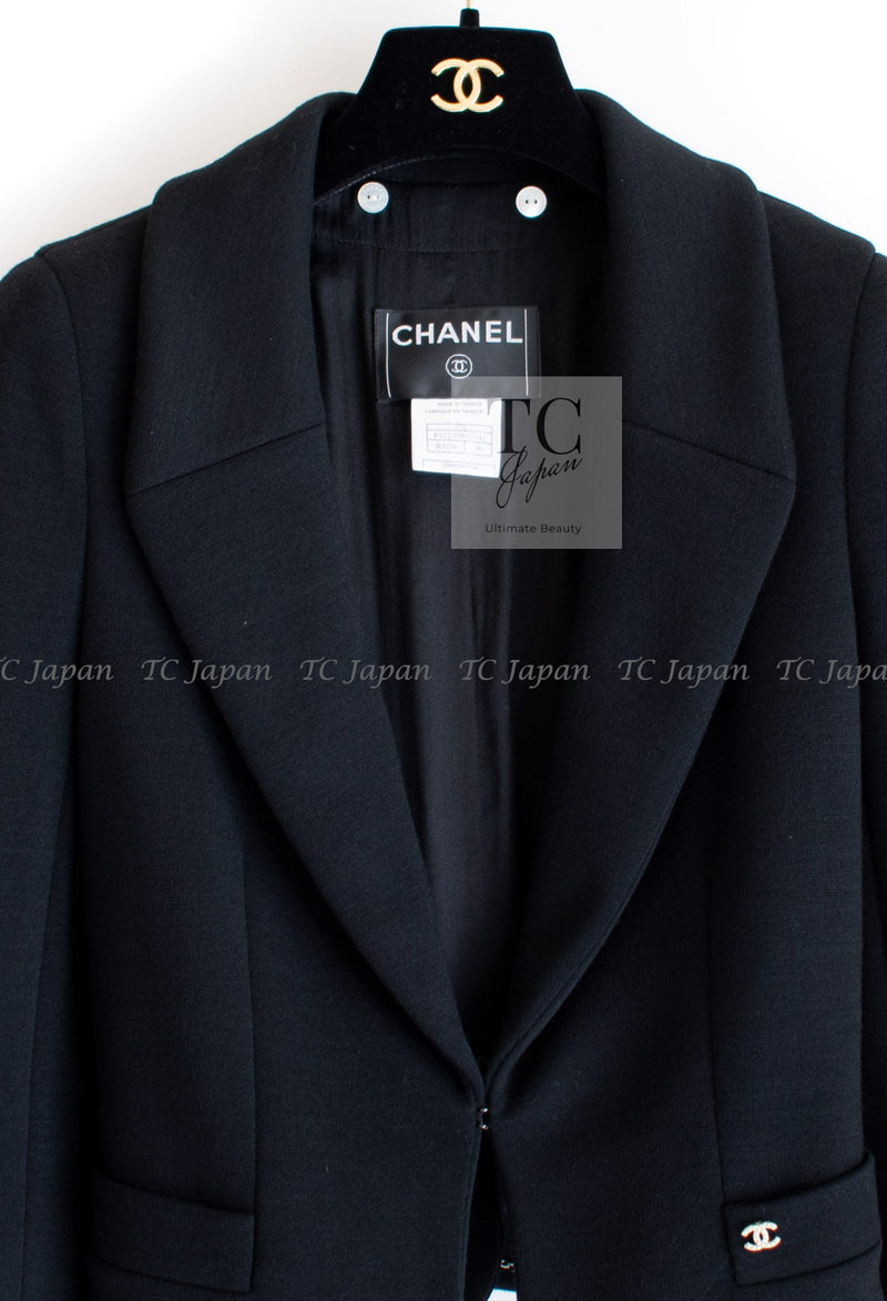 CHANEL 07A Black Detachable Ivory Collar 2 Way Wool Stretch Jacket 34 シャネル 女優 ブラック アイボリー取外可 襟 2 Way ウール ストレッチ リボン ジャケット 即発