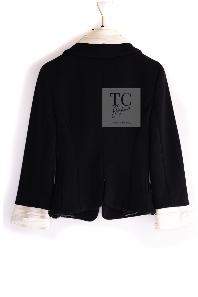 CHANEL 07A Black Detachable Ivory Collar 2 Way Wool Stretch Jacket 34 シャネル 女優 ブラック アイボリー取外可 襟 2 Way ウール ストレッチ リボン ジャケット 即発