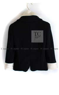 CHANEL 07A Black Detachable Ivory Collar 2 Way Wool Stretch Jacket 34 シャネル 女優 ブラック アイボリー取外可 襟 2 Way ウール ストレッチ リボン ジャケット 即発