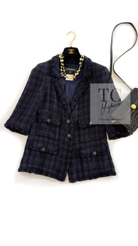 CHANEL 07S Dark Navy Black Fringe Linen Tweed Jacket Skirt Suit 40 シャネル ダークネイビー ブラック フリンジ リネン 麻混 ツイード ジャケット スカート スーツ
