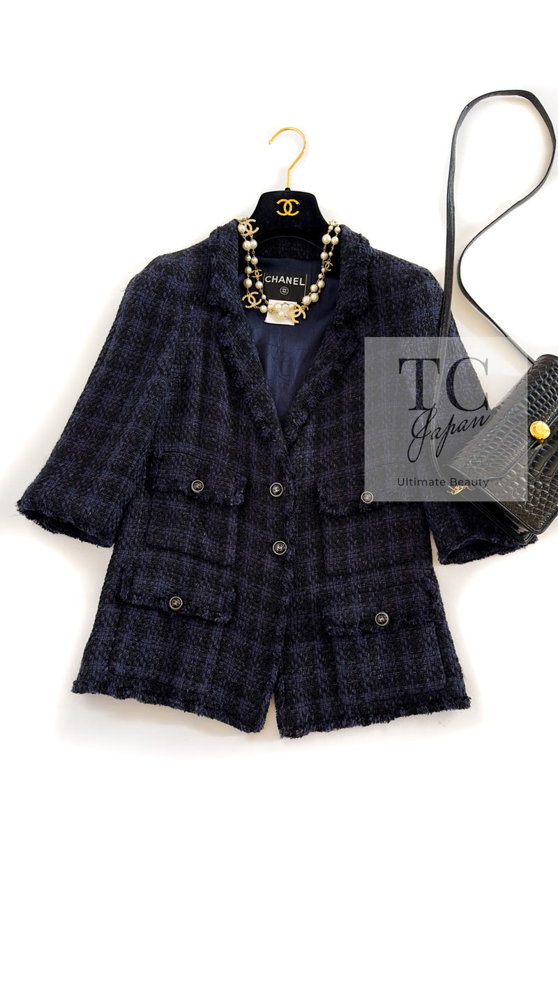 CHANEL 07S Dark Navy Black Fringe Linen Tweed Jacket Skirt Suit 40 シャネル ダークネイビー ブラック フリンジ リネン 麻混 ツイード ジャケット スカート スーツ