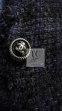 CHANEL 07S Dark Navy Black Fringe Linen Tweed Jacket Skirt Suit 40 シャネル ダークネイビー ブラック フリンジ リネン 麻混 ツイード ジャケット スカート スーツ