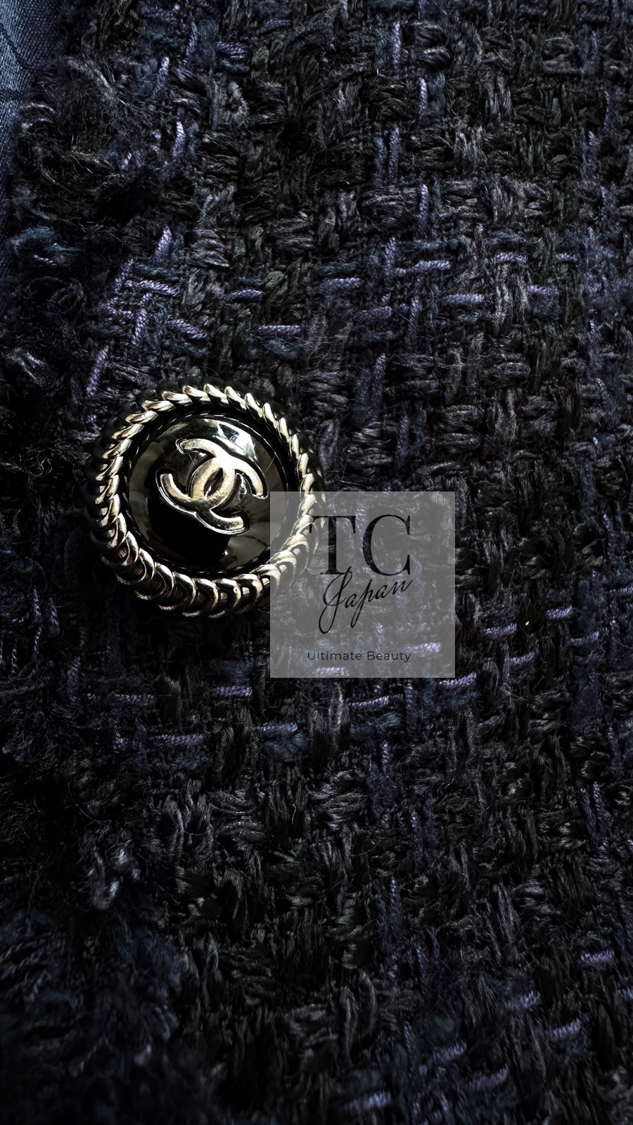 CHANEL 07S Dark Navy Black Fringe Linen Tweed Jacket Skirt Suit 40 シャネル ダークネイビー ブラック フリンジ リネン 麻混 ツイード ジャケット スカート スーツ