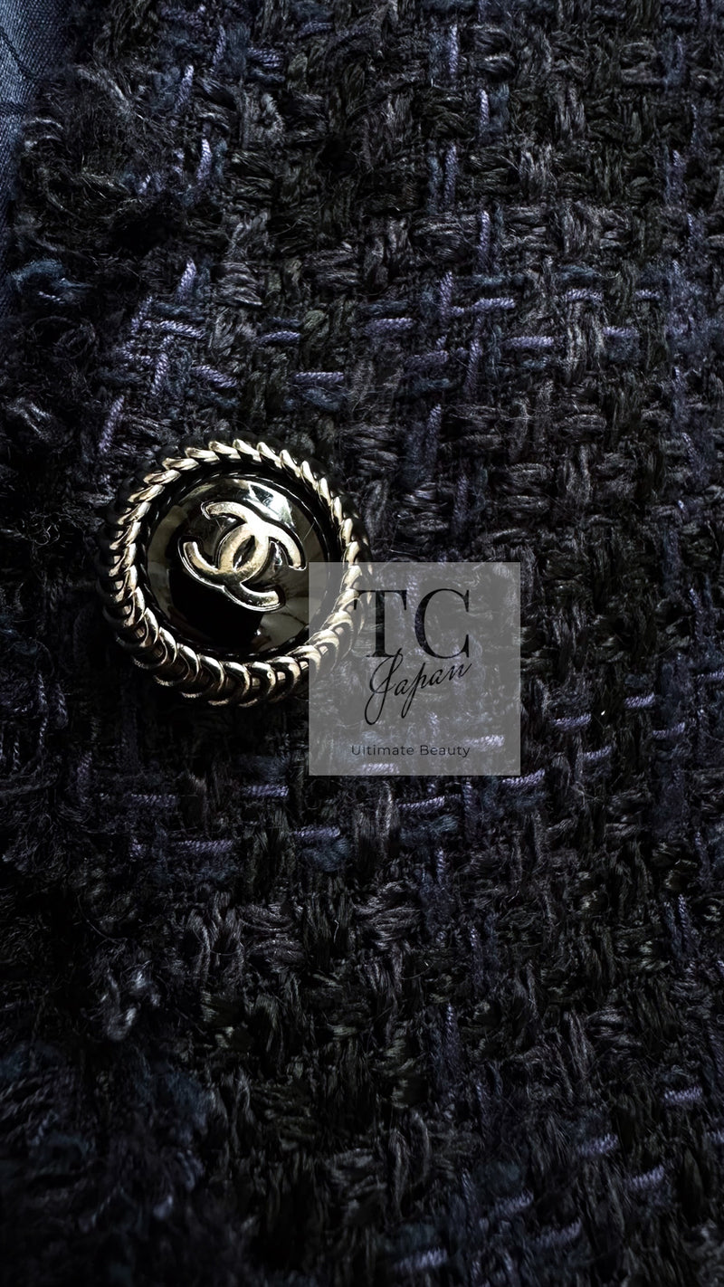 CHANEL 07S Dark Navy Black Fringe Linen Tweed Jacket Skirt Suit 40 シャネル ダークネイビー ブラック フリンジ リネン 麻混 ツイード ジャケット スカート スーツ