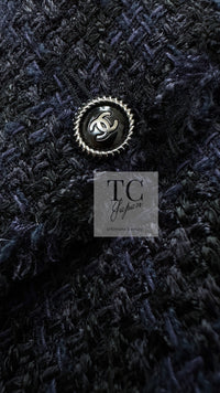 CHANEL 07S Dark Navy Black Fringe Linen Tweed Jacket Skirt Suit 40 シャネル ダークネイビー ブラック フリンジ リネン 麻混 ツイード ジャケット スカート スーツ