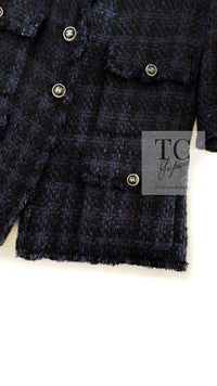 CHANEL 07S Dark Navy Black Fringe Linen Tweed Jacket Skirt Suit 40 シャネル ダークネイビー ブラック フリンジ リネン 麻混 ツイード ジャケット スカート スーツ
