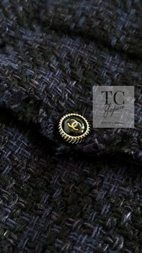 CHANEL 07S Dark Navy Black Fringe Linen Tweed Jacket Skirt Suit 40 シャネル ダークネイビー ブラック フリンジ リネン 麻混 ツイード ジャケット スカート スーツ