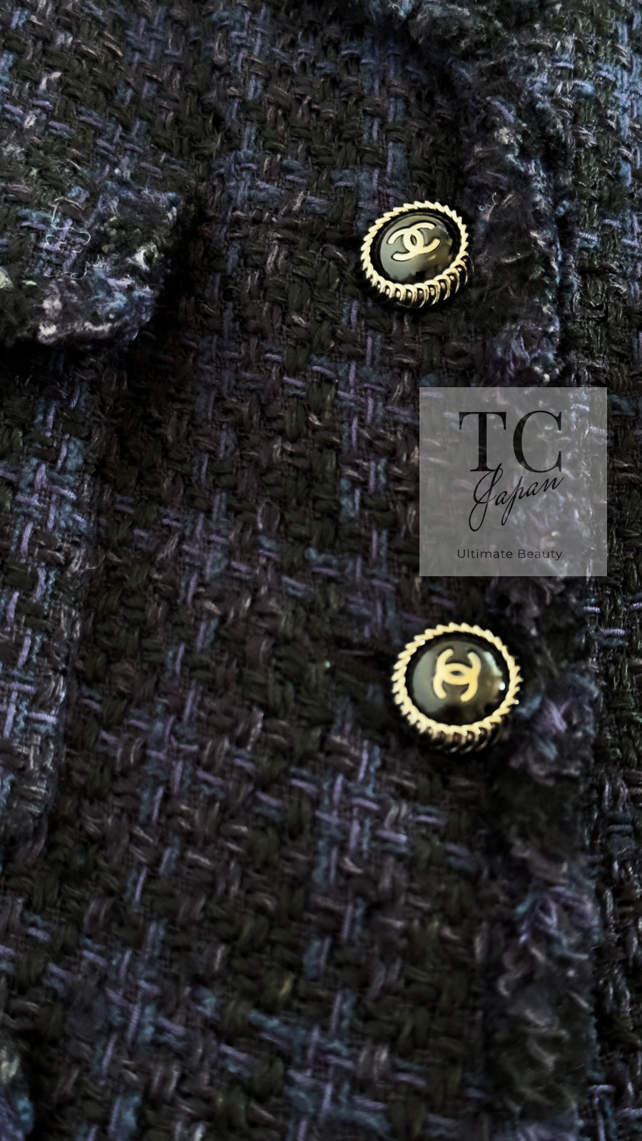 CHANEL 07S Dark Navy Black Fringe Linen Tweed Jacket Skirt Suit 40 シャネル ダークネイビー ブラック フリンジ リネン 麻混 ツイード ジャケット スカート スーツ