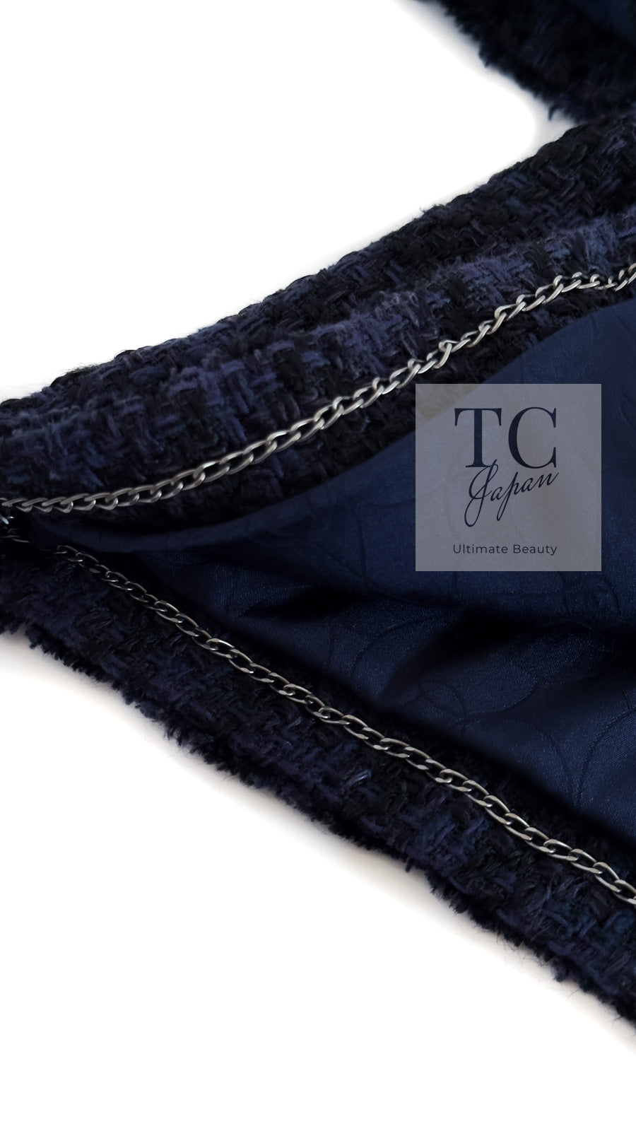 CHANEL 07S Dark Navy Black Fringe Linen Tweed Jacket Skirt Suit 40 シャネル ダークネイビー ブラック フリンジ リネン 麻混 ツイード ジャケット スカート スーツ