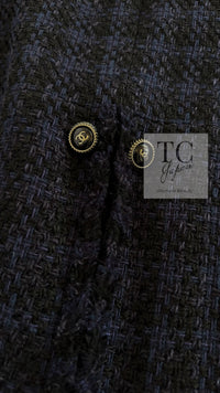 CHANEL 07S Dark Navy Black Fringe Linen Tweed Jacket Skirt Suit 40 シャネル ダークネイビー ブラック フリンジ リネン 麻混 ツイード ジャケット スカート スーツ