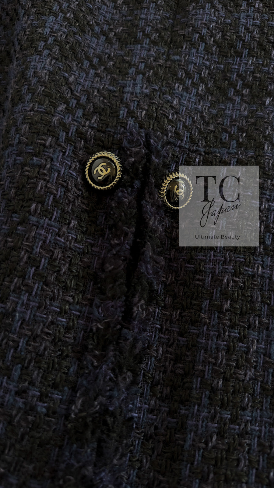 CHANEL 07S Dark Navy Black Fringe Linen Tweed Jacket Skirt Suit 40 シャネル ダークネイビー ブラック フリンジ リネン 麻混 ツイード ジャケット スカート スーツ