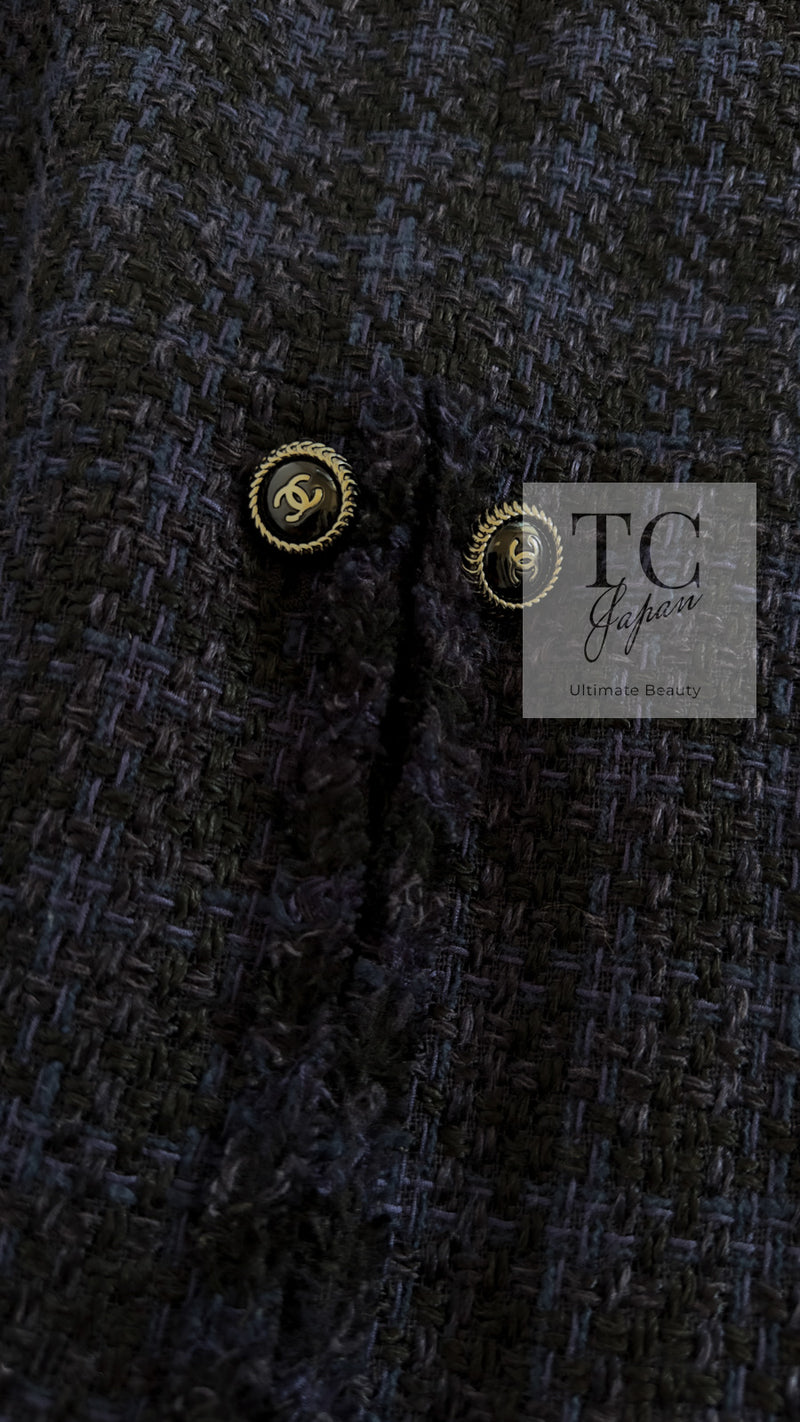 CHANEL 07S Dark Navy Black Fringe Linen Tweed Jacket Skirt Suit 40 シャネル ダークネイビー ブラック フリンジ リネン 麻混 ツイード ジャケット スカート スーツ