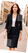 CHANEL 07S Dark Navy Black Fringe Linen Tweed Jacket Skirt Suit 40 シャネル ダークネイビー ブラック フリンジ リネン 麻混 ツイード ジャケット スカート スーツ