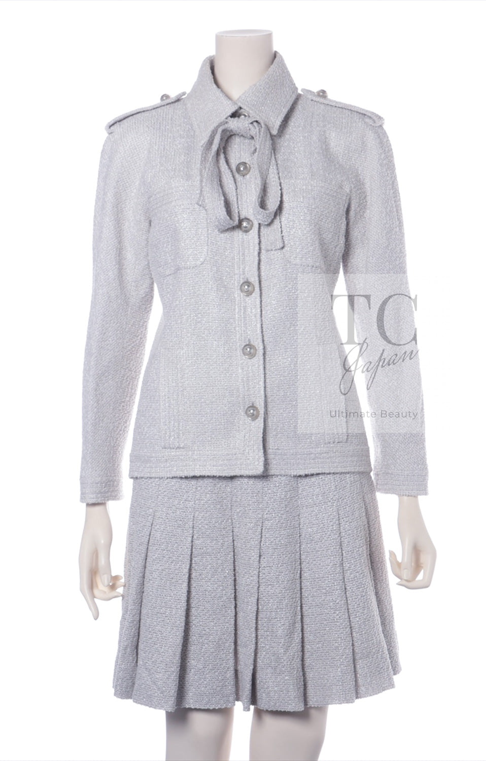 CHANEL 16S Light Gray Ribbon Tweed Jacket Skirt Set up 38 シャネル ライトグレー リボン ツイード ジャケット スカート セットアップ 女優ソン・ヘギョ クリステン・スチュワート着 即発