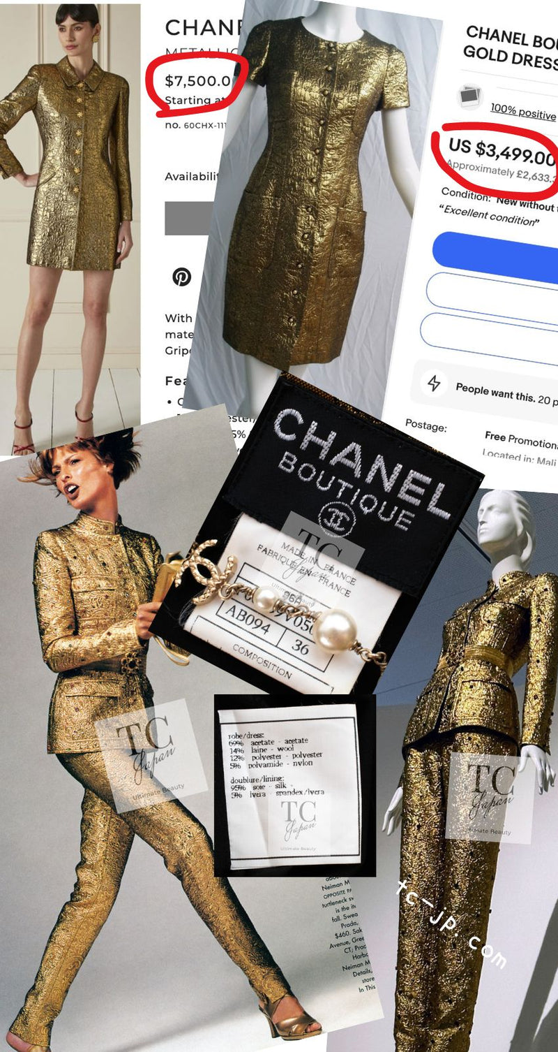 CHANEL 96A Vintage Supermodel Gold Brocade Camellia Dress Lion Buttons 38 シャネル ヴィンテージ ゴールド ブロケイド 刺繍 カメリア ワンピース ドレス ライオン ボタン 即発