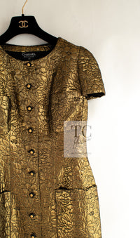 CHANEL 96A Vintage Supermodel Gold Brocade Camellia Dress Lion Buttons 38 シャネル ヴィンテージ ゴールド ブロケイド 刺繍 カメリア ワンピース ドレス ライオン ボタン 即発