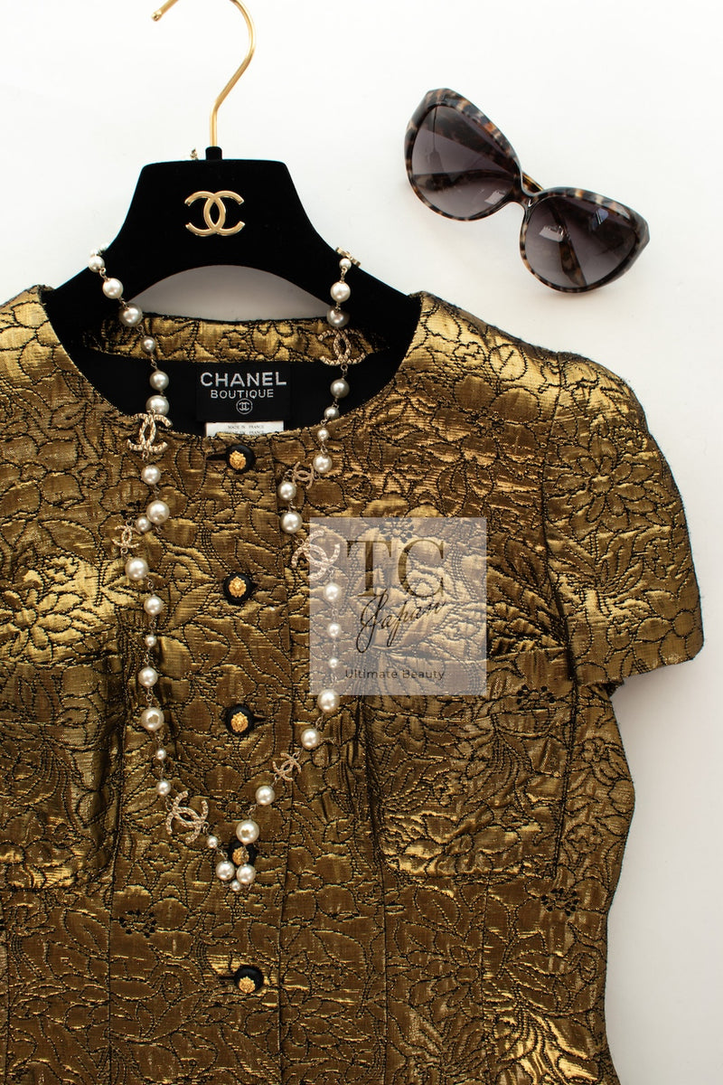 CHANEL 96A Vintage Supermodel Gold Brocade Camellia Dress Lion Buttons 38 シャネル ヴィンテージ ゴールド ブロケイド 刺繍 カメリア ワンピース ドレス ライオン ボタン 即発