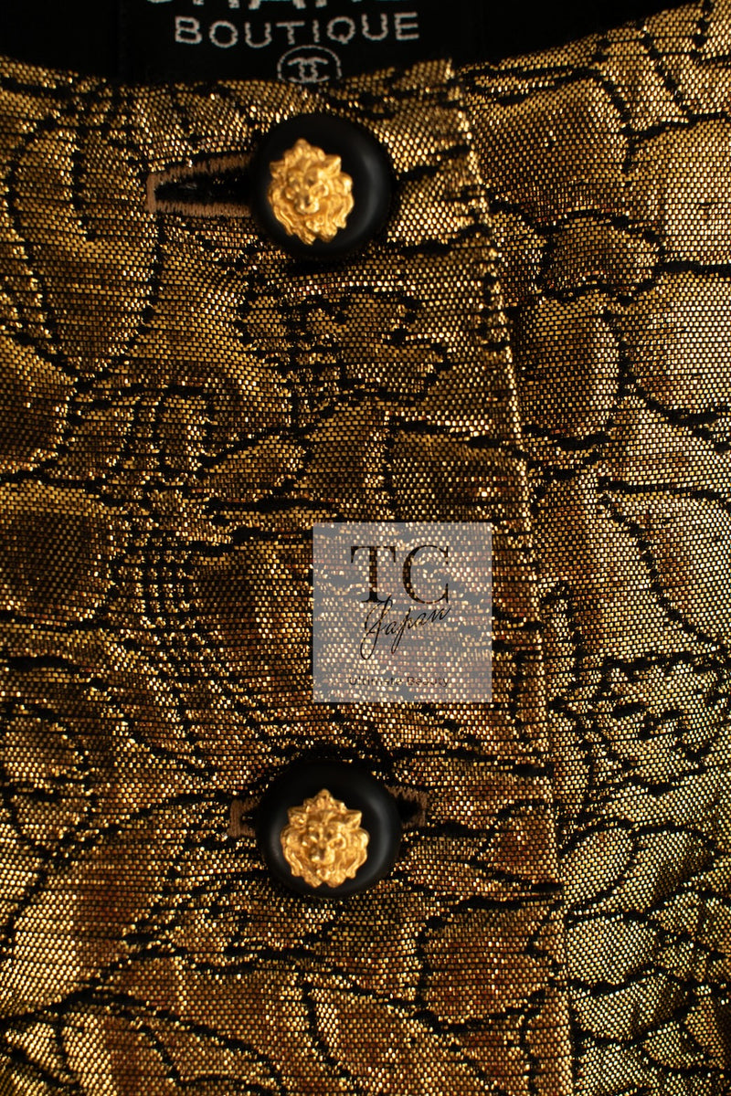 CHANEL 96A Vintage Supermodel Gold Brocade Camellia Dress Lion Buttons 38 シャネル ヴィンテージ ゴールド ブロケイド 刺繍 カメリア ワンピース ドレス ライオン ボタン 即発