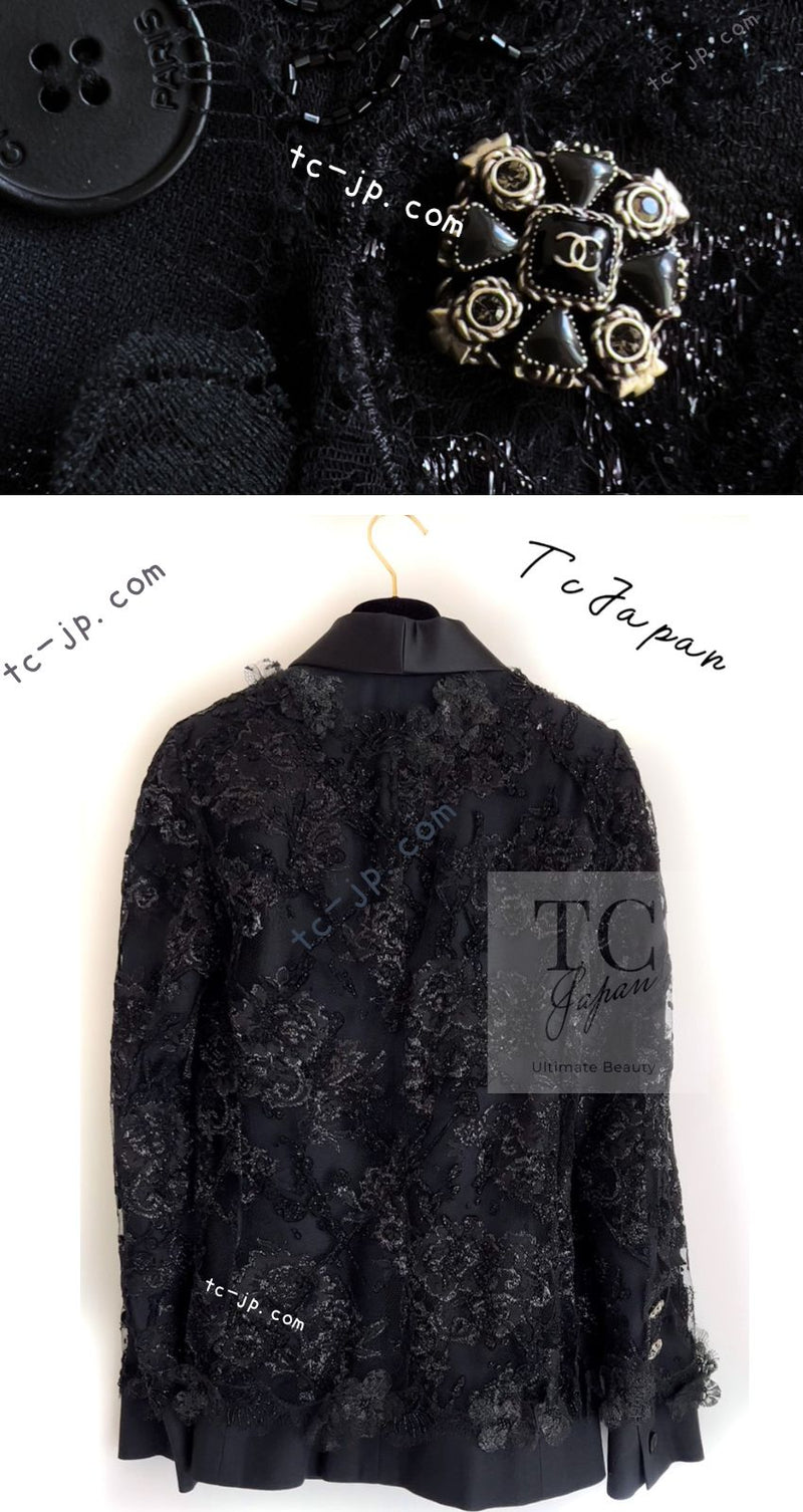 CHANEL 11A Black Floral Lesage Lace Silk Jacket 38 シャネル ブラック ルサージュ レース ビーズ サテン シルク ジャケット 即発