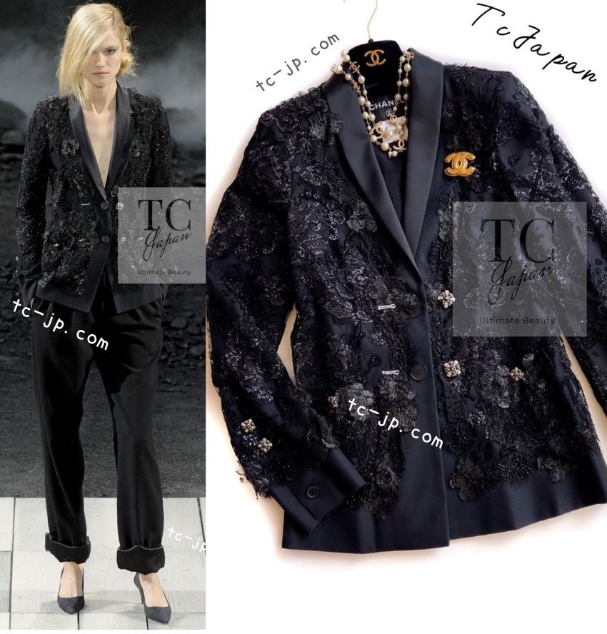 CHANEL 11A Black Floral Lesage Lace Silk Jacket 38 シャネル ブラック ルサージュ レース ビーズ サテン シルク ジャケット 即発