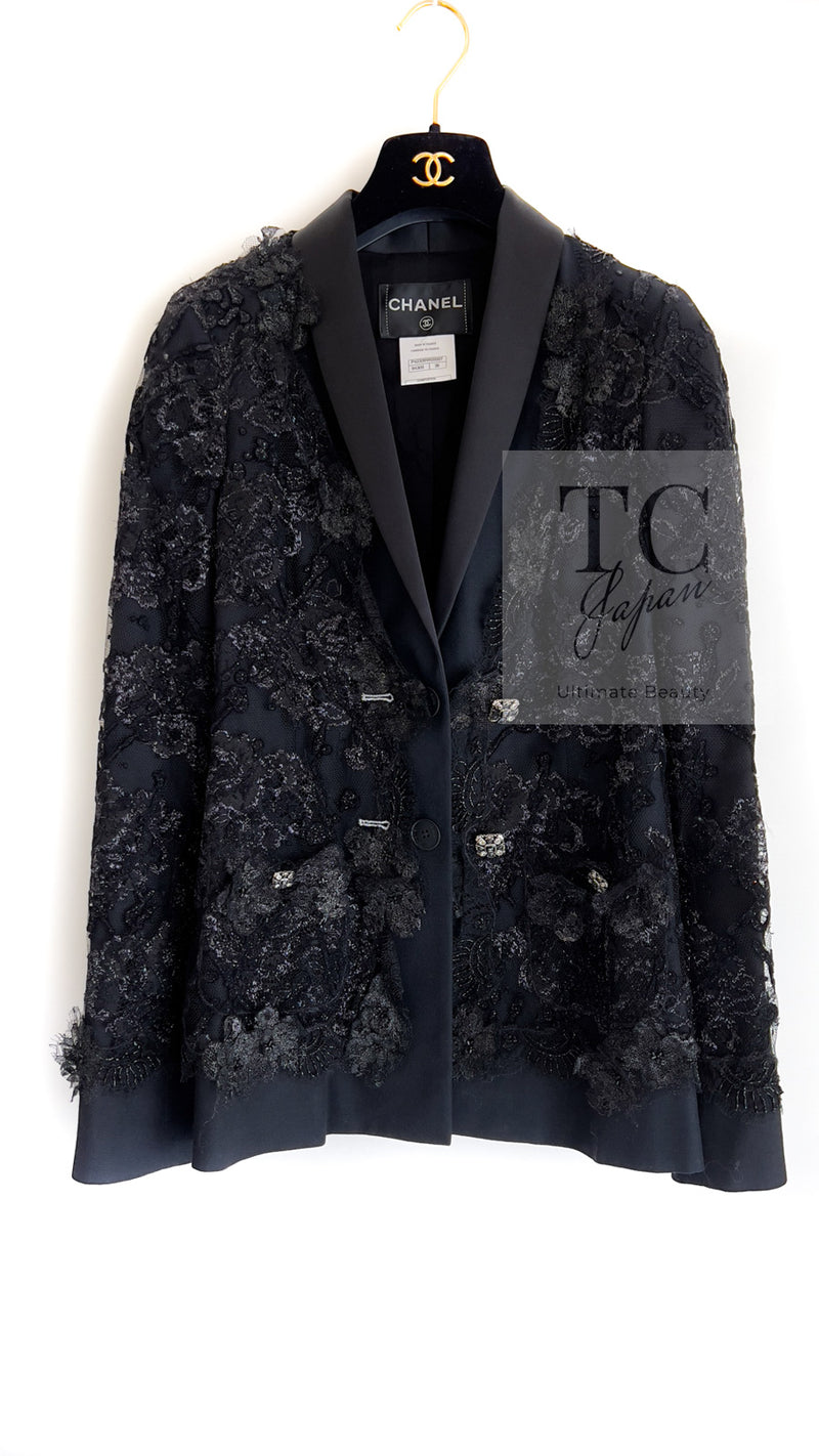 CHANEL 11A Black Floral Lesage Lace Silk Jacket 38 シャネル ブラック ルサージュ レース ビーズ サテン シルク ジャケット 即発