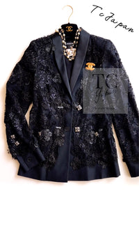 CHANEL 11A Black Floral Lesage Lace Silk Jacket 38 シャネル ブラック ルサージュ レース ビーズ サテン シルク ジャケット 即発