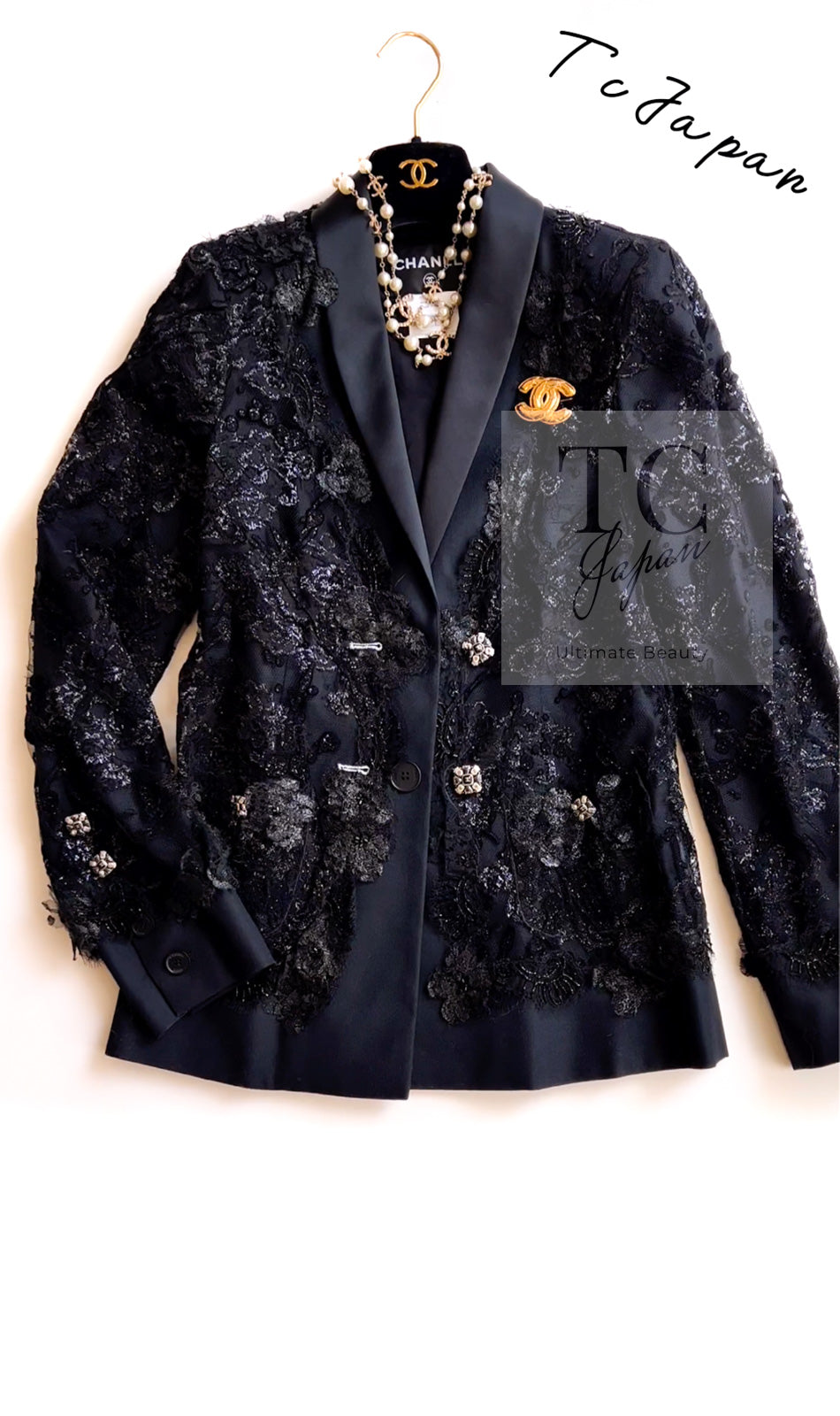 CHANEL 11A Black Floral Lesage Lace Silk Jacket 38 シャネル ブラック ルサージュ レース ビーズ サテン シルク ジャケット 即発