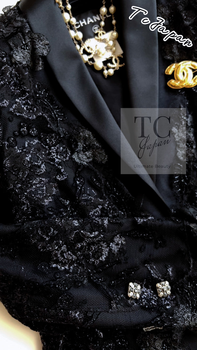 CHANEL 11A Black Floral Lesage Lace Silk Jacket 38 シャネル ブラック ルサージュ レース ビーズ サテン シルク ジャケット 即発