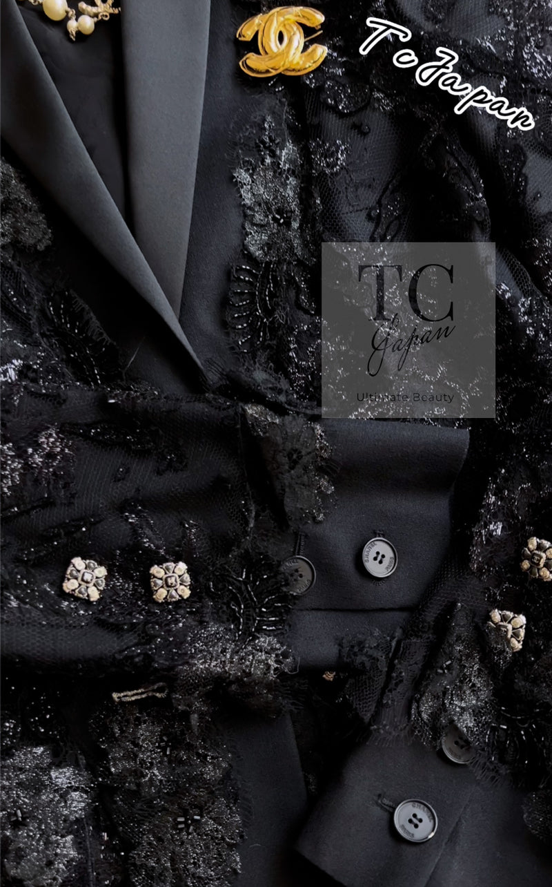 CHANEL 11A Black Floral Lesage Lace Silk Jacket 38 シャネル ブラック ルサージュ レース ビーズ サテン シルク ジャケット 即発