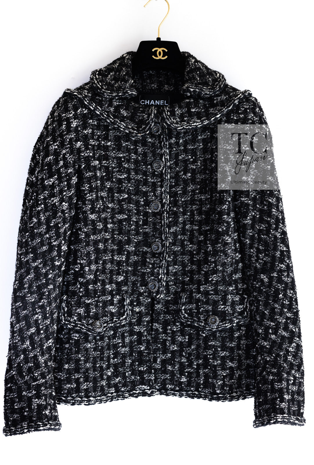 CHANEL 13B Black Gray Peter Pan Collar Wool Tweed Jacket 36 38 シャネル ブラック グレー ピーターパン襟 ウール ツイード ジャケット 即発