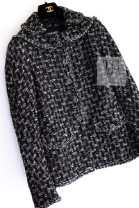 CHANEL 13B Black Gray Peter Pan Collar Wool Tweed Jacket 36 38 シャネル ブラック グレー ピーターパン襟 ウール ツイード ジャケット 即発