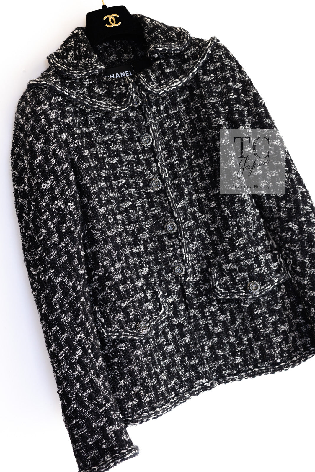 CHANEL 13B Black Gray Peter Pan Collar Wool Tweed Jacket 36 38 シャネル ブラック グレー ピーターパン襟 ウール ツイード ジャケット 即発