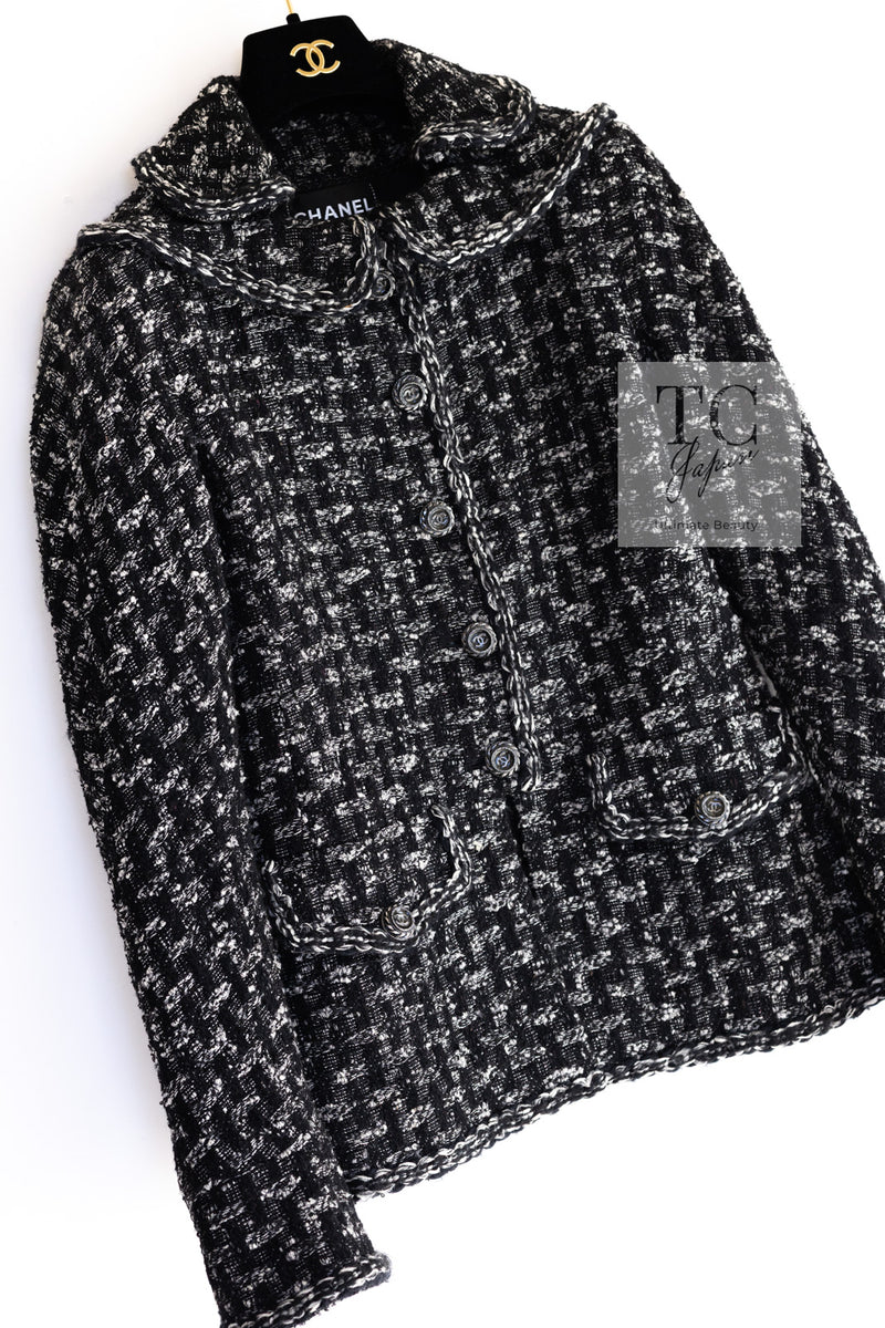 CHANEL 13B Black Gray Peter Pan Collar Wool Tweed Jacket 36 38 シャネル ブラック グレー ピーターパン襟 ウール ツイード ジャケット 即発