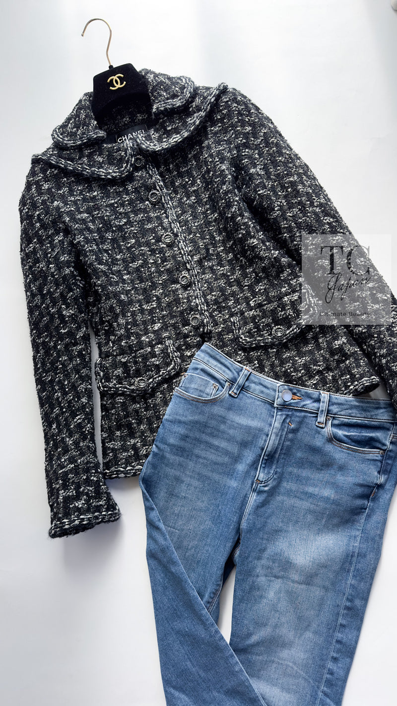 CHANEL 13B Black Gray Peter Pan Collar Wool Tweed Jacket 36 38 シャネル ブラック グレー ピーターパン襟 ウール ツイード ジャケット 即発