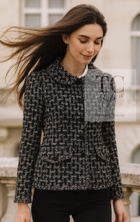 CHANEL 13B Black Gray Peter Pan Collar Wool Tweed Jacket 36 38 シャネル ブラック グレー ピーターパン襟 ウール ツイード ジャケット 即発
