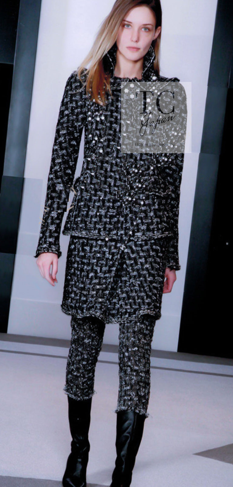 CHANEL 13B Black Gray Peter Pan Collar Wool Tweed Jacket 36 38 シャネル ブラック グレー ピーターパン襟 ウール ツイード ジャケット 即発