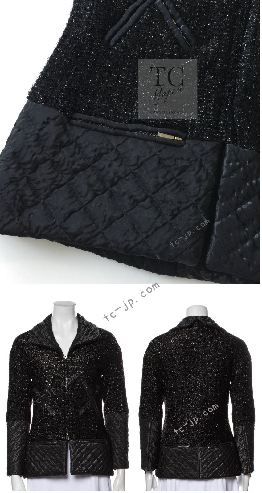 CHANEL 13A Black Quilted Metallic Zipper Tweed Jacket 34 シャネル ブラック メタリック ジッパー ツイード ジャケット 即発