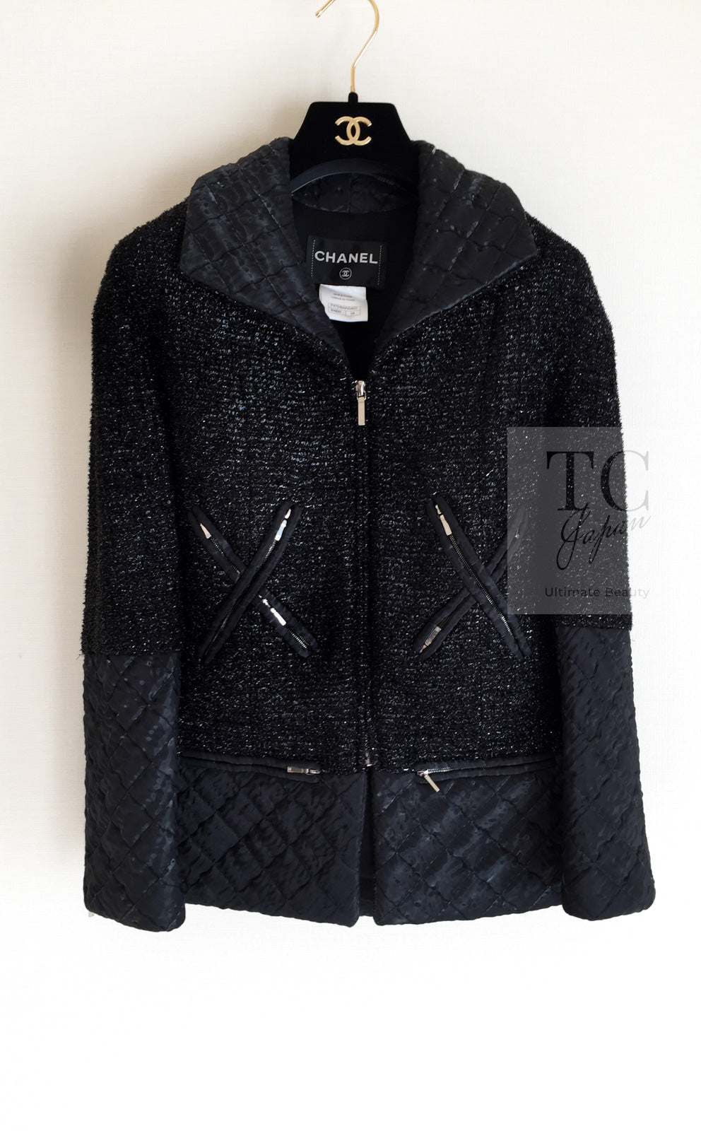 CHANEL 13A Black Quilted Metallic Zipper Tweed Jacket 34 シャネル ブラック メタリック ジッパー ツイード ジャケット 即発